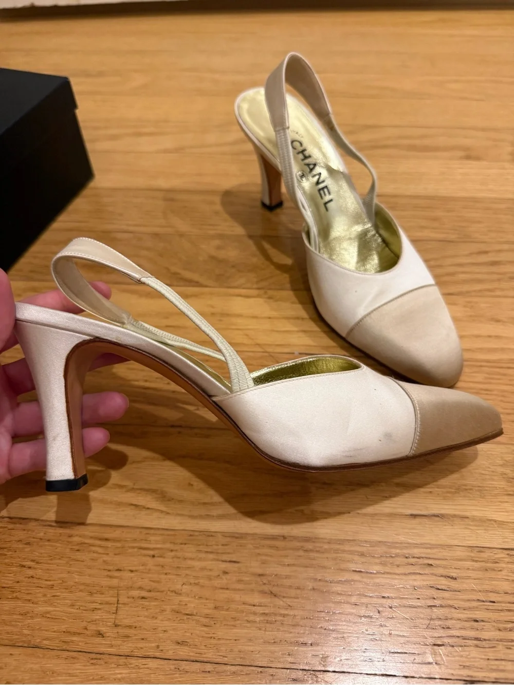 CHANEL Ivory Satin Slingback Pumps with Gold Insole